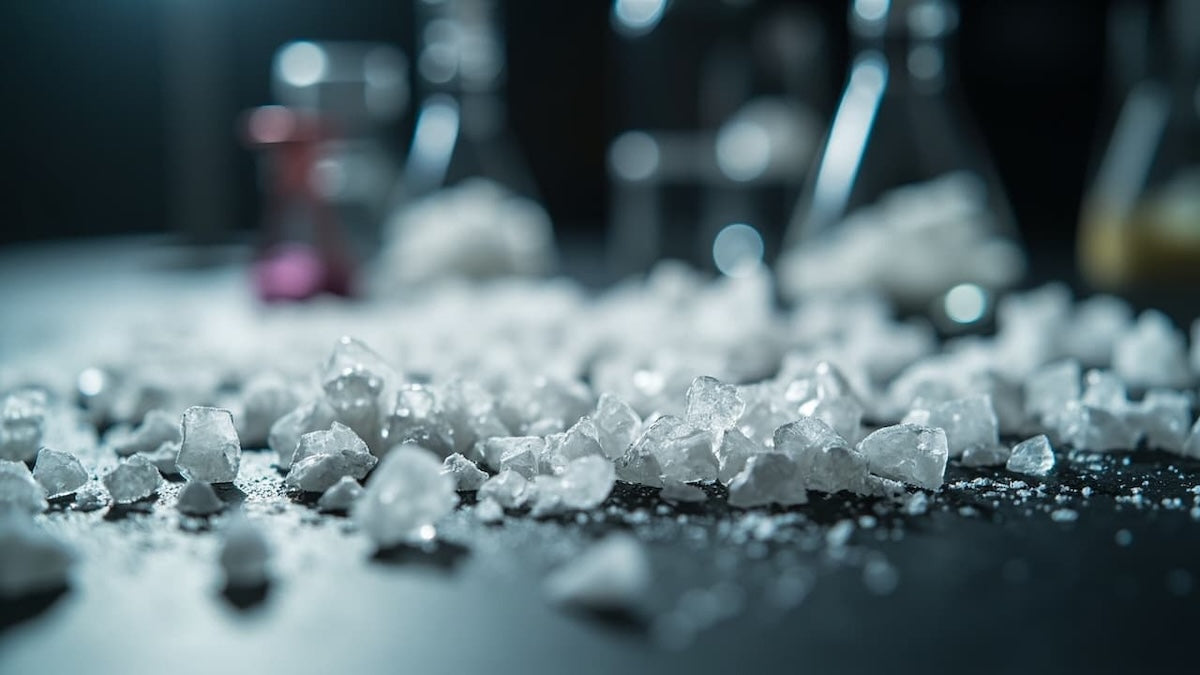 CBD Kristalle verstreut auf einer dunklen Oberfläche