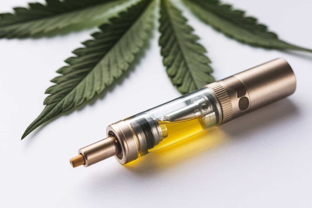 CBD Vape mit Cannabisblatt im Hintergrund