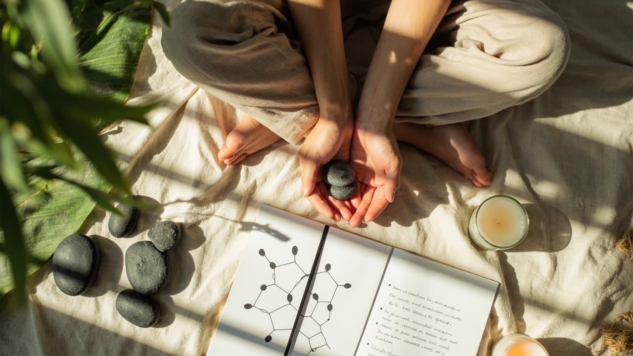 Person sitzt entspannt im Schneidersitz auf einem Tuch, hält glatte Steine in den Händen; daneben liegen weitere Steine, ein Notizbuch mit Molekülzeichnung und zwei brennende Kerzen – ruhige, meditative Stimmung.