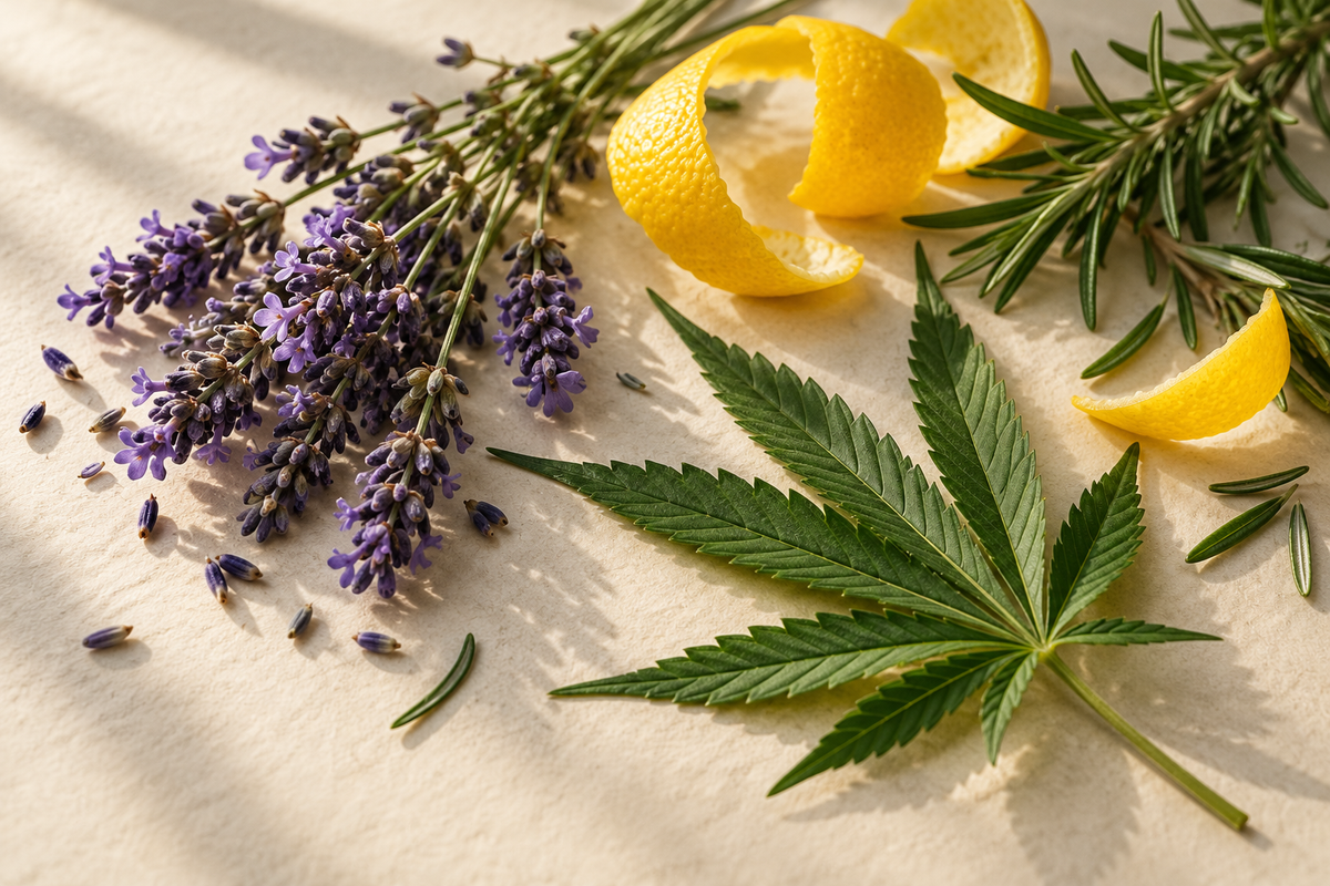Illustration von Pflanzen und Zitrusfrüchten zum Thema Terpene