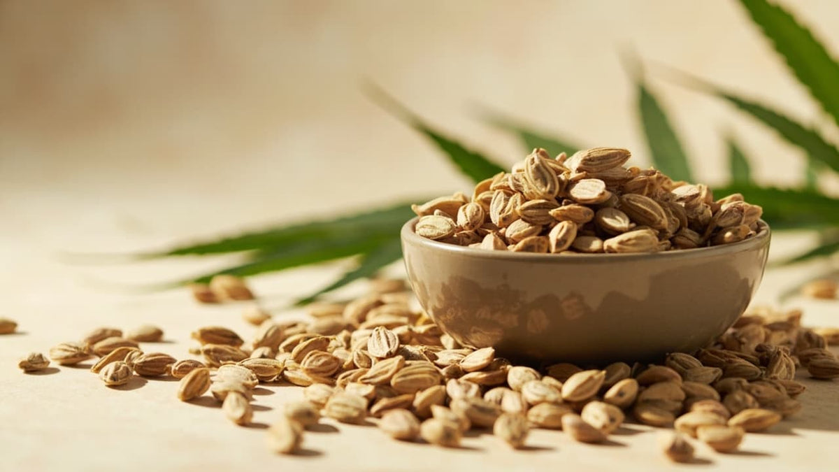 Ungeschälte Hanfsamen in einer Schale mit Hanfblättern im Hintergrund.